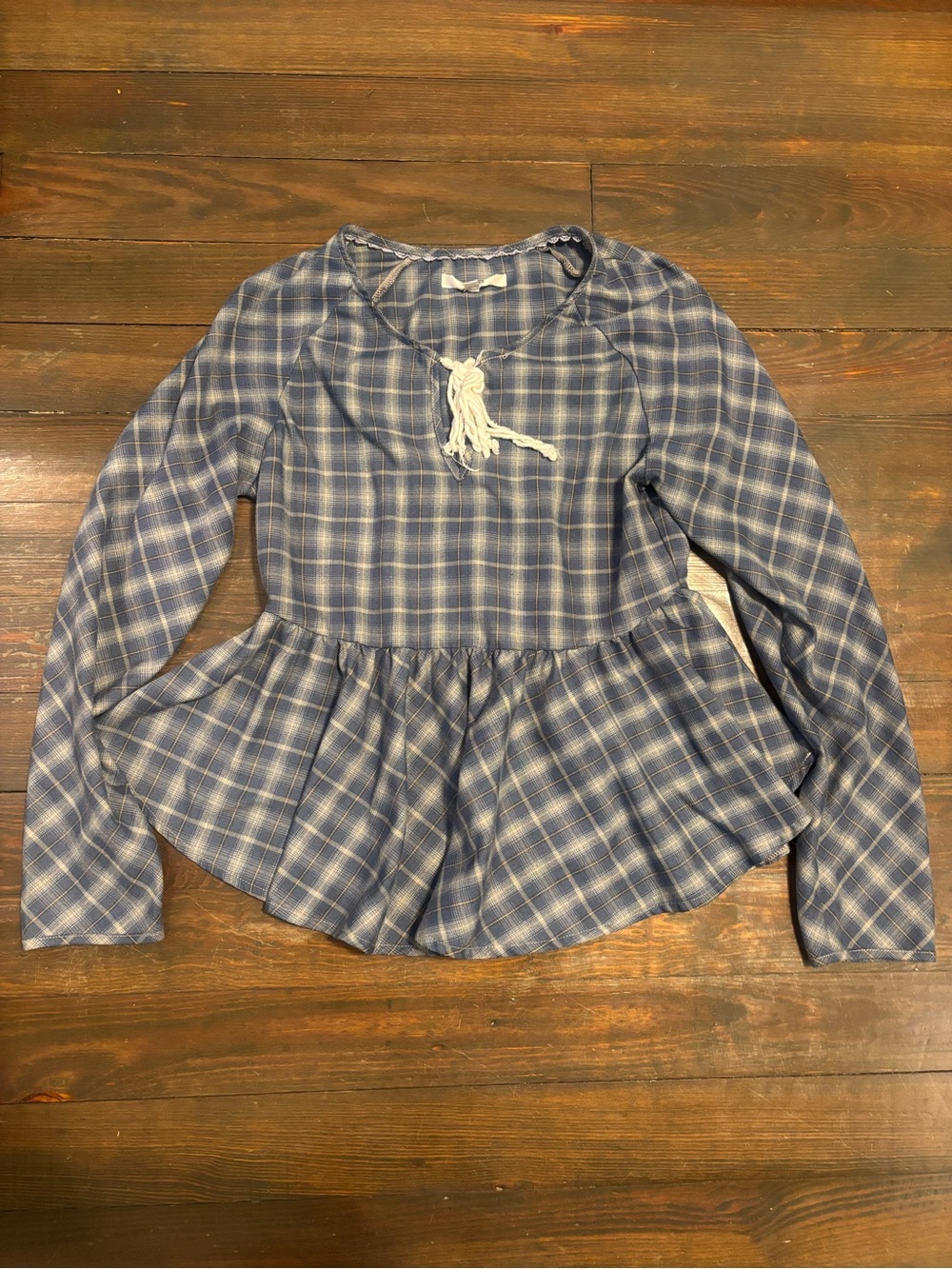 Blue Plaid Peplum Tie-Front Long-Sleeve Blouse